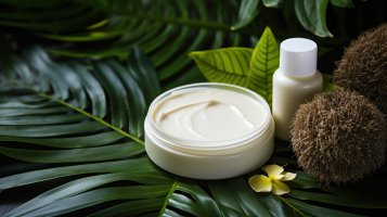 Schönheit und Entspannung Relaxbild mit Creme und Palmenblatt