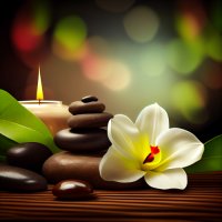 Ruhe und Entspannung Relaxbild mit Hot Stone, Kerze und Plumeria